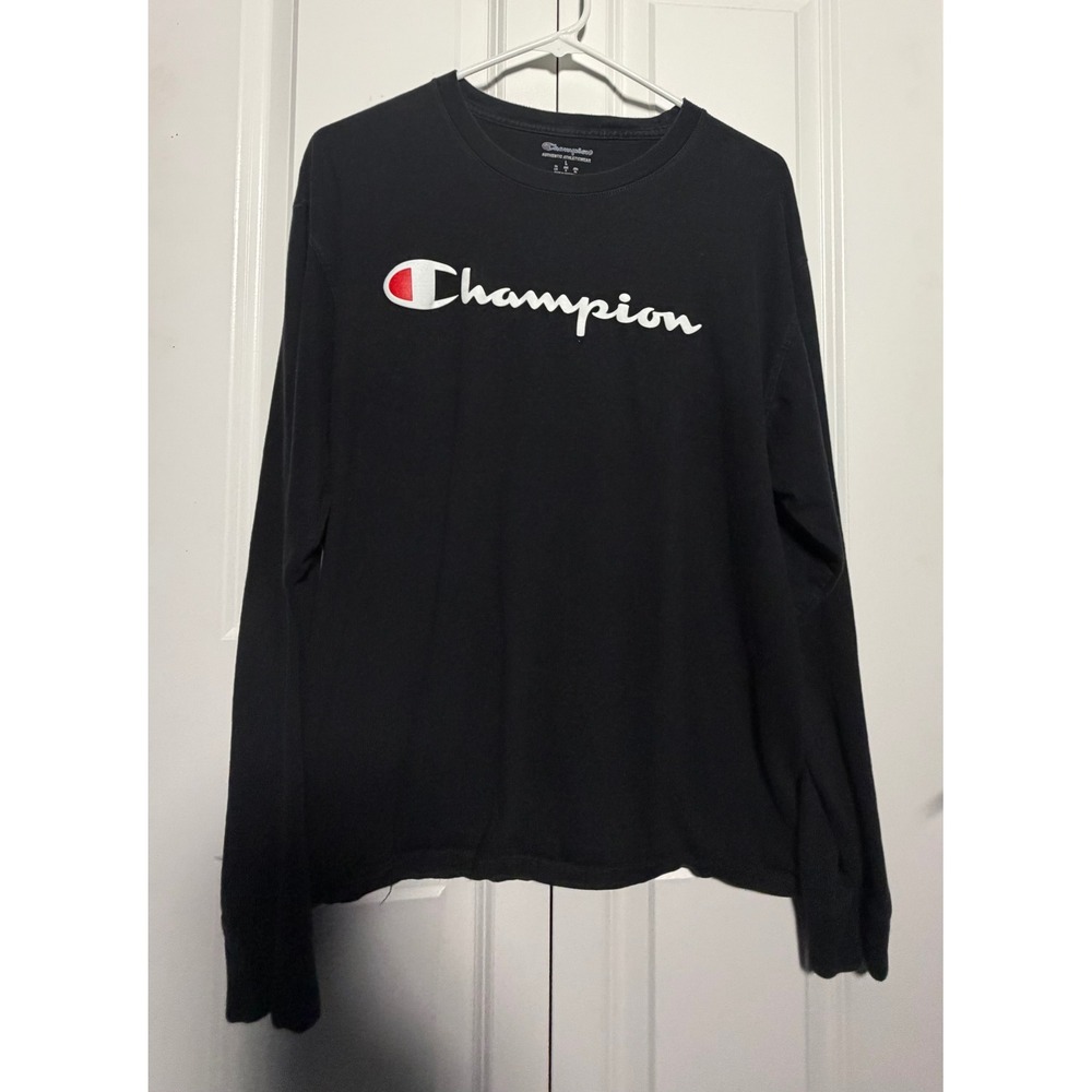 Champion Long Sleeve Shirt Mens Large Black Excellent Script Logo Tee